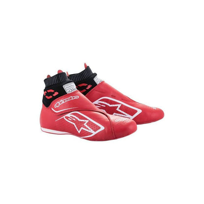 Red Supermono v2 racing shoes with black accents on a white background
