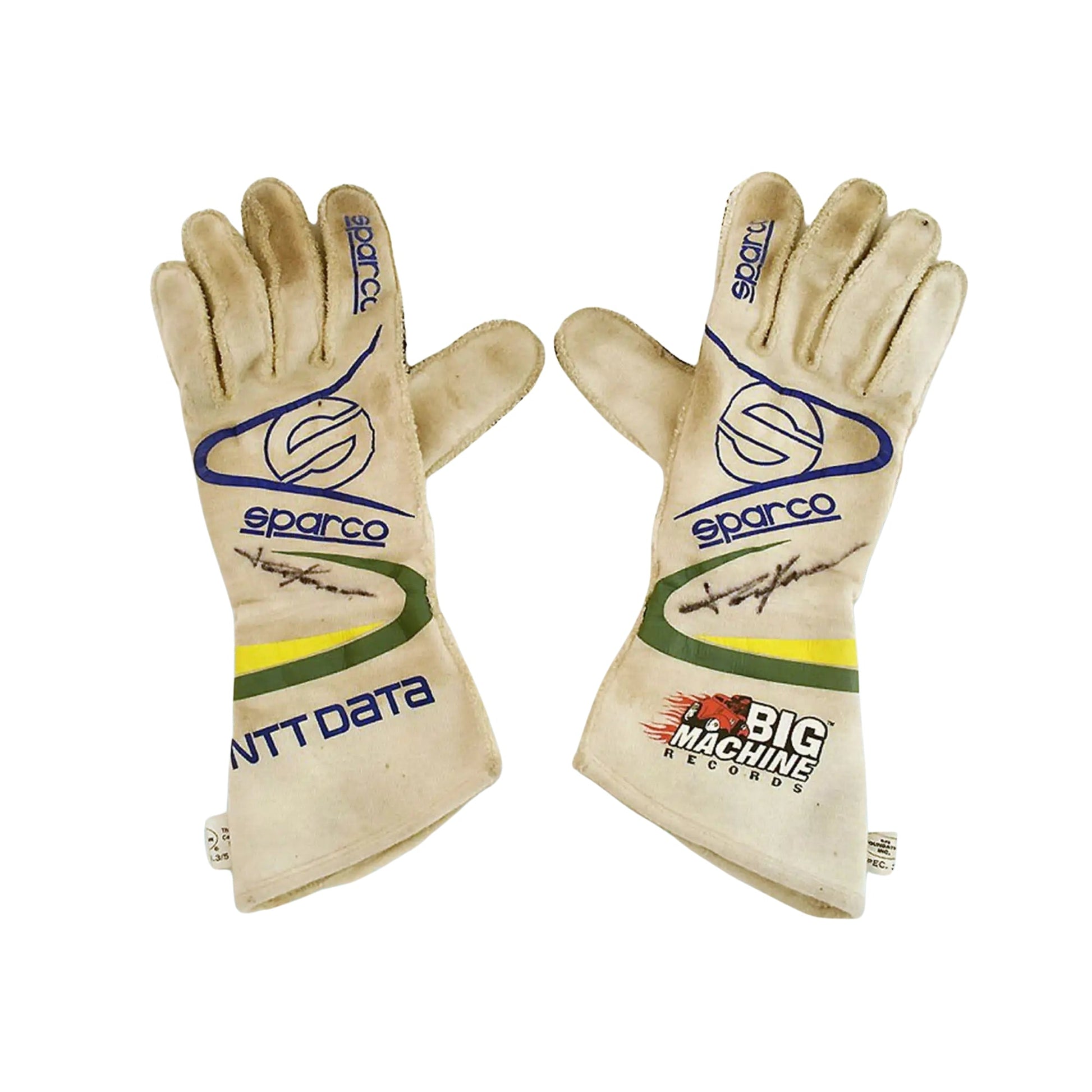 Pair of Sparco Tony Kanaan 2017 IndyCar racing gloves with branding on a white background