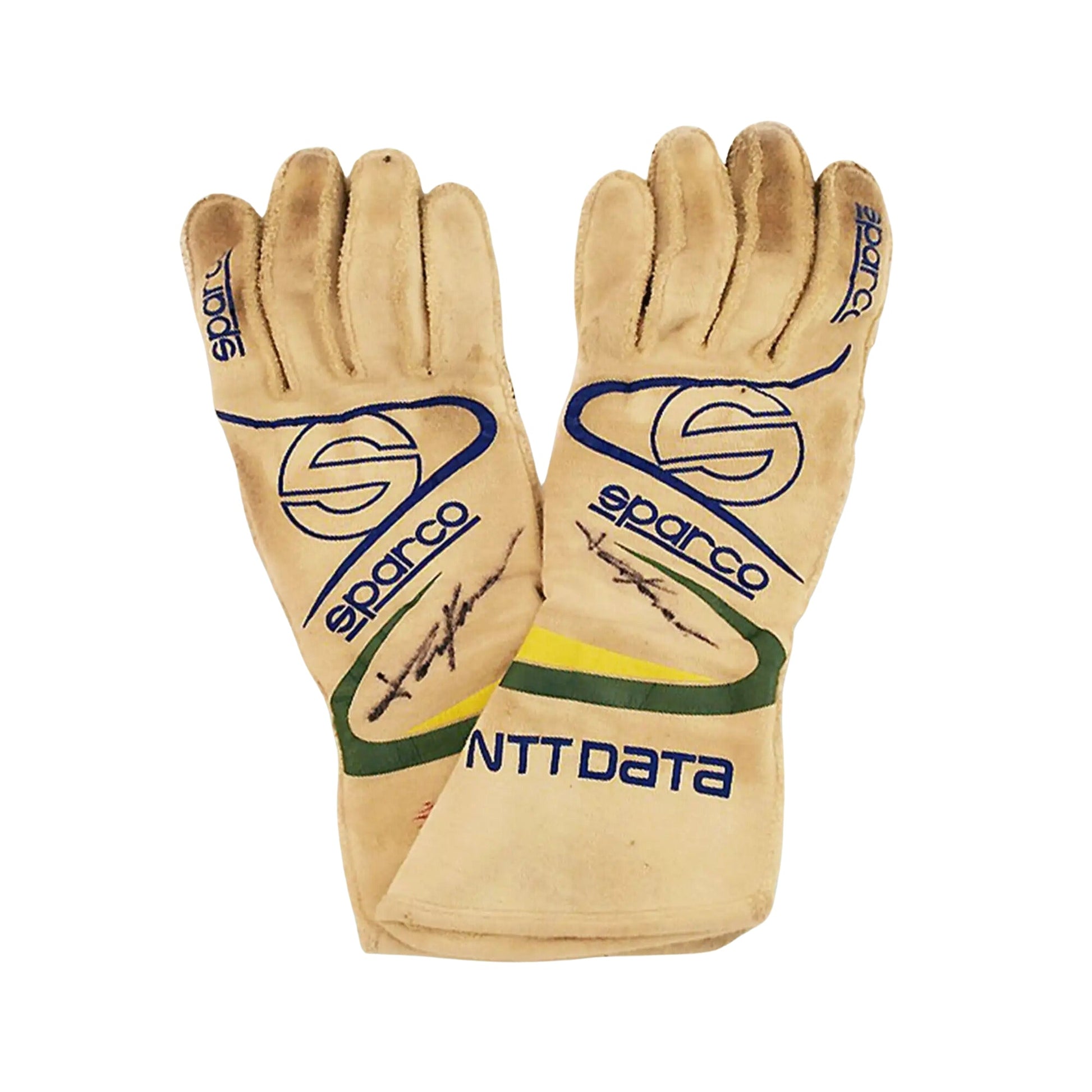 Pair of Sparco Tony Kanaan 2017 IndyCar racing gloves with NTT DATA branding on a white background