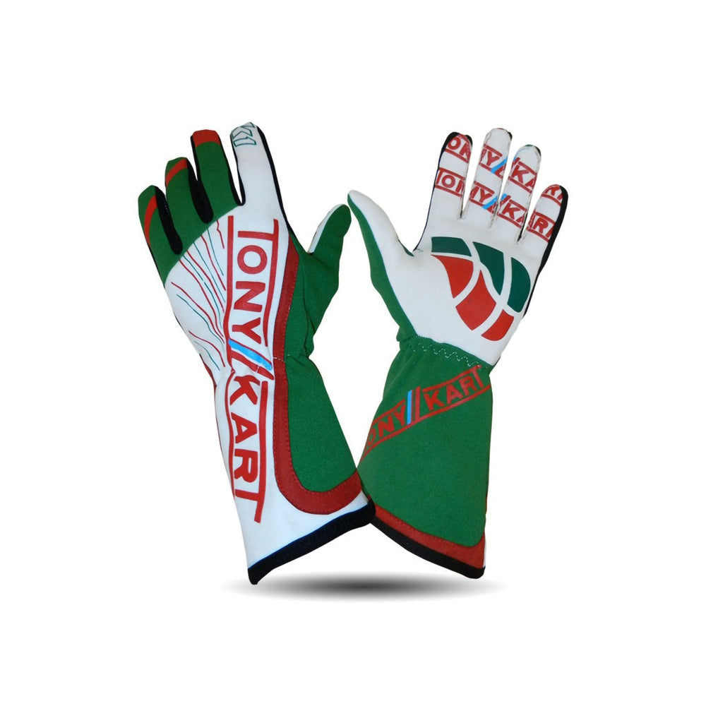 Pair of Tony Kart Pro Grip green, white, and red gloves with 'Tony Kart' branding on a white background