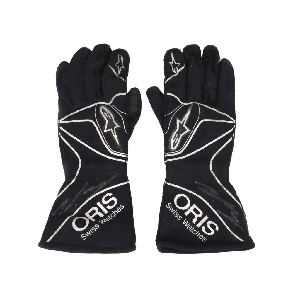 Pair of Valtteri Bottas 2015 black gloves with white branding on a white background