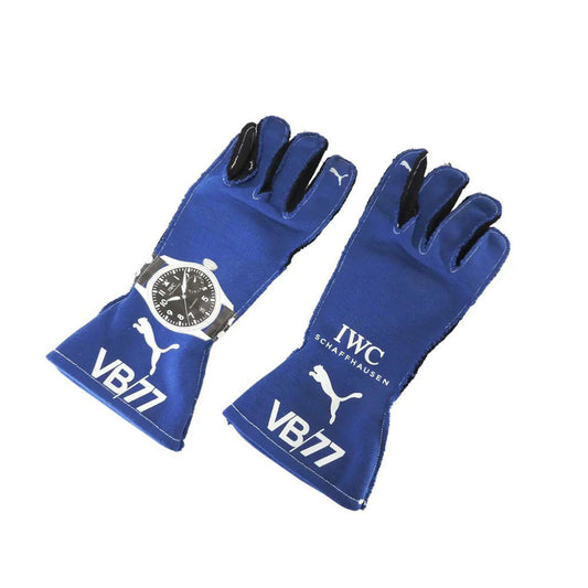 Blue Valtteri Bottas 2018 F1 racing gloves with watch and 'VB77' branding on a white background