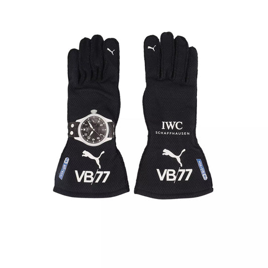 Black Valtteri Bottas 2020 F1 racing gloves with IWC and Puma branding on a white background