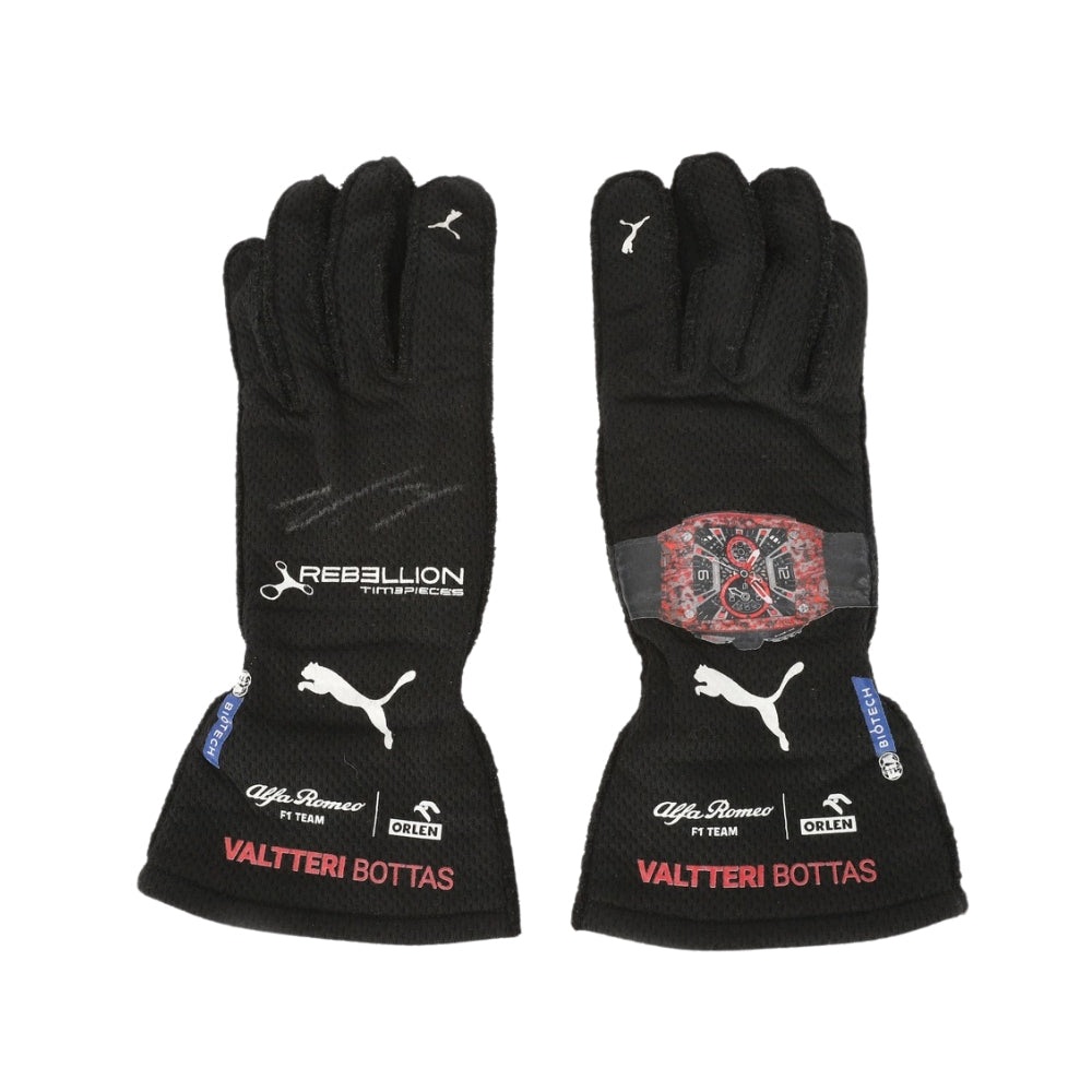 Black Valtteri Bottas 2022 British GP F1 Racing gloves with visible branding on a white background
