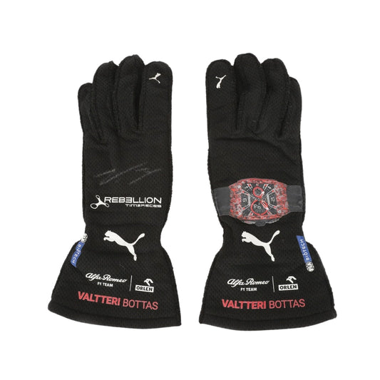 Black Valtteri Bottas 2022 British GP F1 Racing gloves with visible branding on a white background