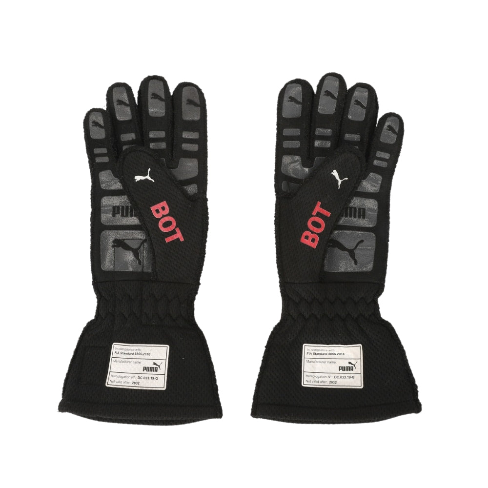 Pair of black Valtteri Bottas 2022 British GP F1 Racing gloves with red 'BOT' text and Puma logo on a white background