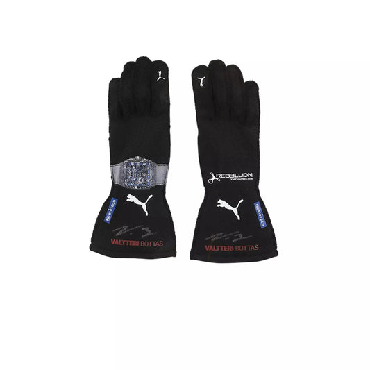 Pair of black Valtteri Bottas 2023 F1 racing gloves with branding on a white background