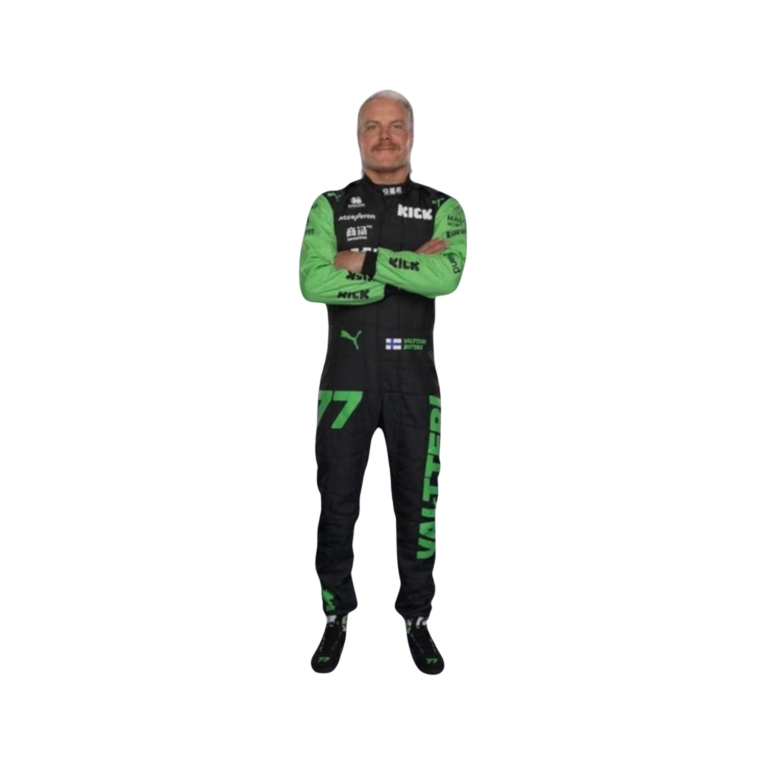 Front view of Valtteri Bottas's 2024 F1 racing suit in black with neon green sleeves and accents, showcasing a modern design.