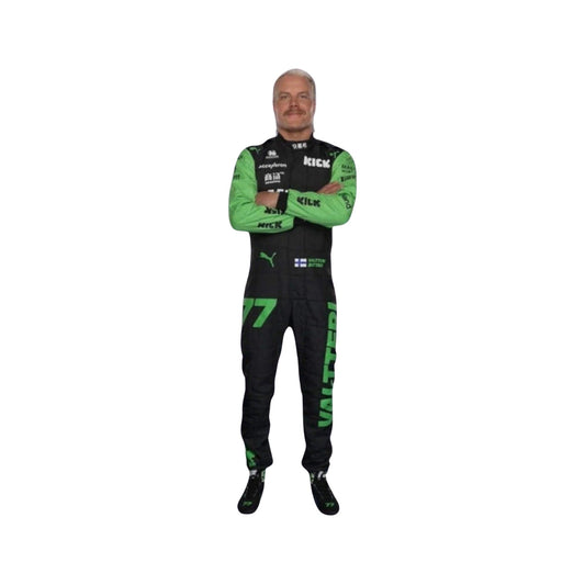 Front view of Valtteri Bottas's 2024 F1 racing suit in black with neon green sleeves and accents, showcasing a modern design.