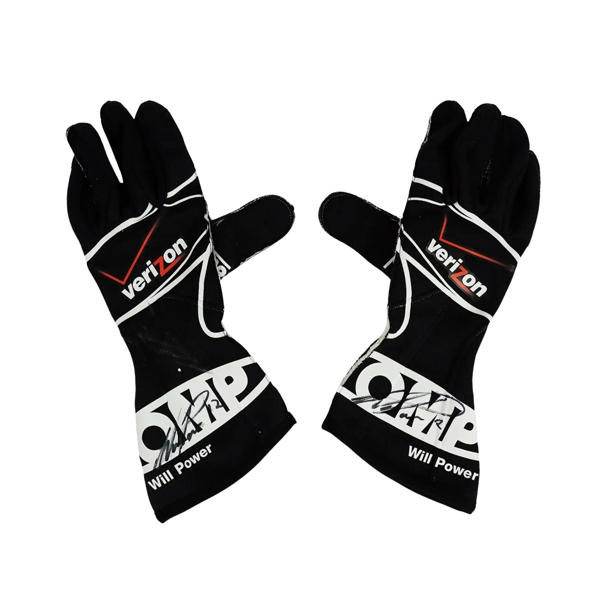 Black Will Power 2011 IndyCar racing gloves with Verizon and Will Power branding on a white background