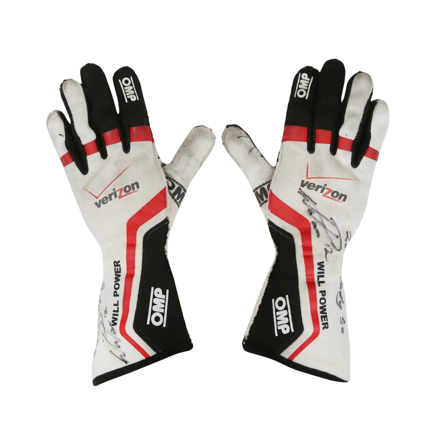 Pair of Will Power 2012 IndyCar 500 racing gloves with Verizon and OMP branding on a white background