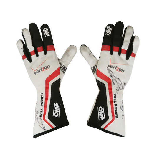 Pair of Will Power 2012 IndyCar 500 racing gloves with Verizon and OMP branding on a white background