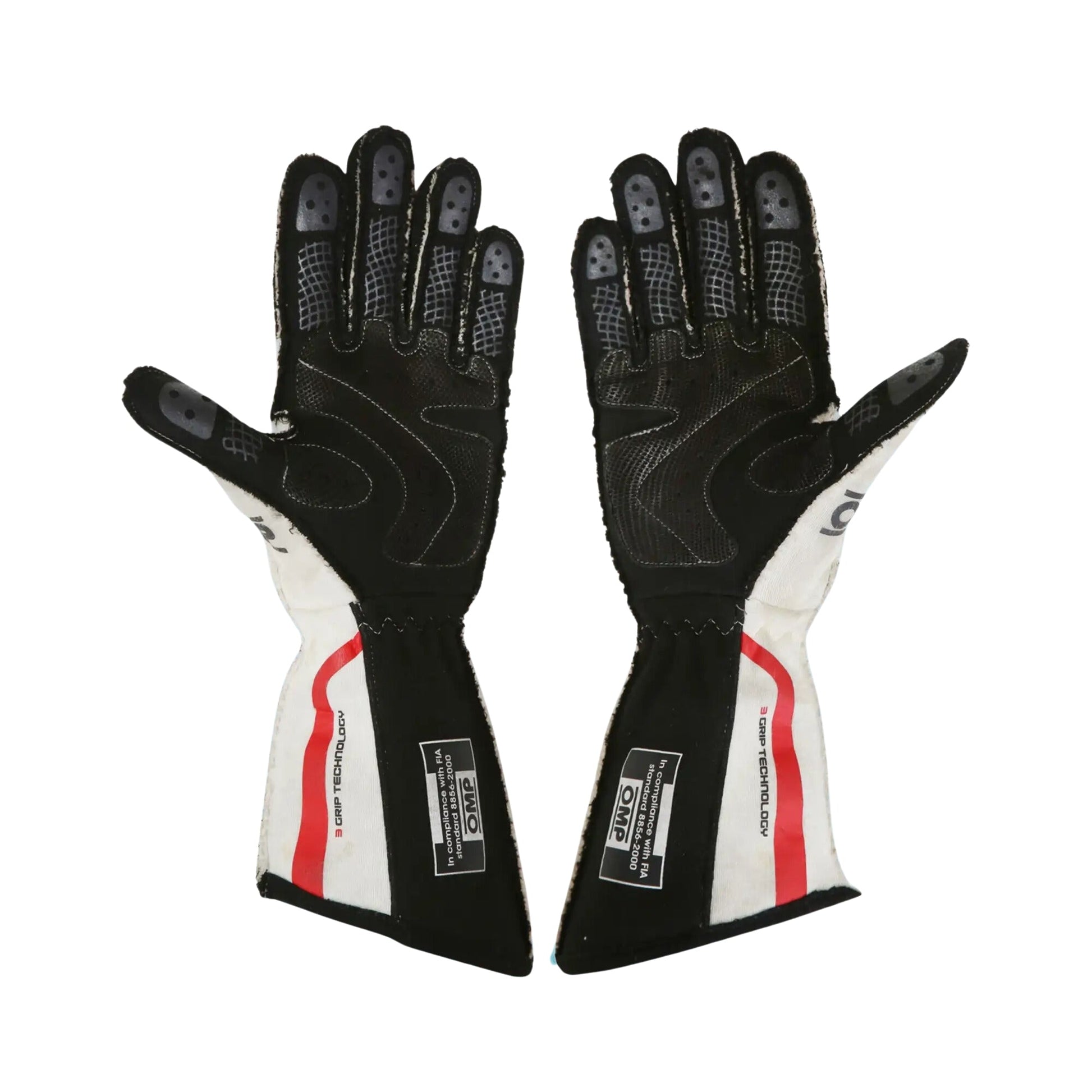 Pair of black and white Will Power 2012 IndyCar 500 racing gloves with red accents on a white background