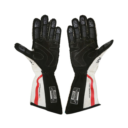 Pair of black and white Will Power 2012 IndyCar 500 racing gloves with red accents on a white background