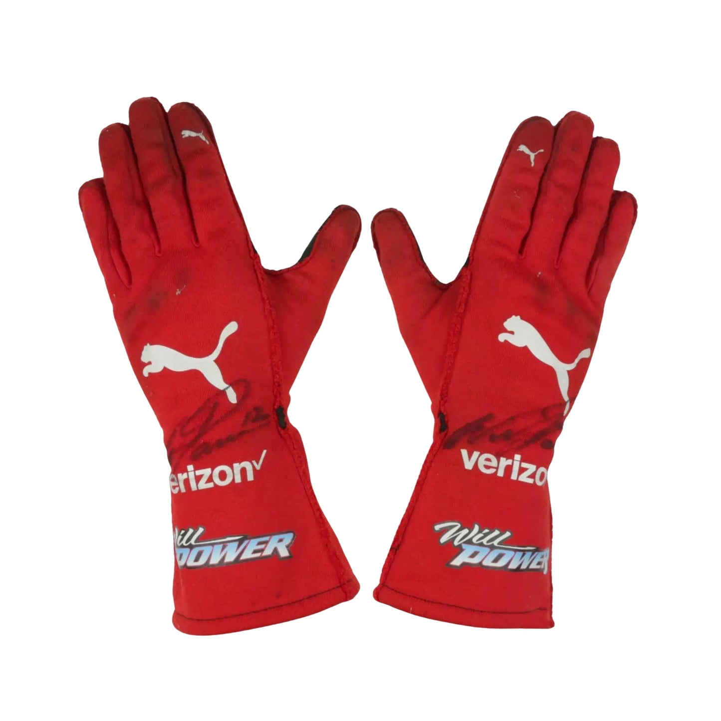 Red Will Power 2020 IndyCar racing gloves with Puma and Verizon logos on a white background