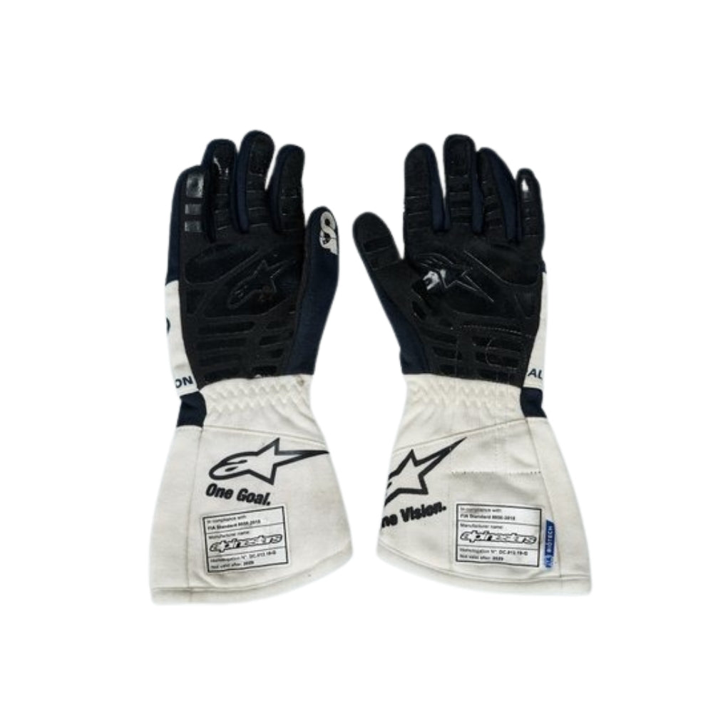 Pair of black and white Yuki Tsunoda 2022 F1 Racing gloves on a white background