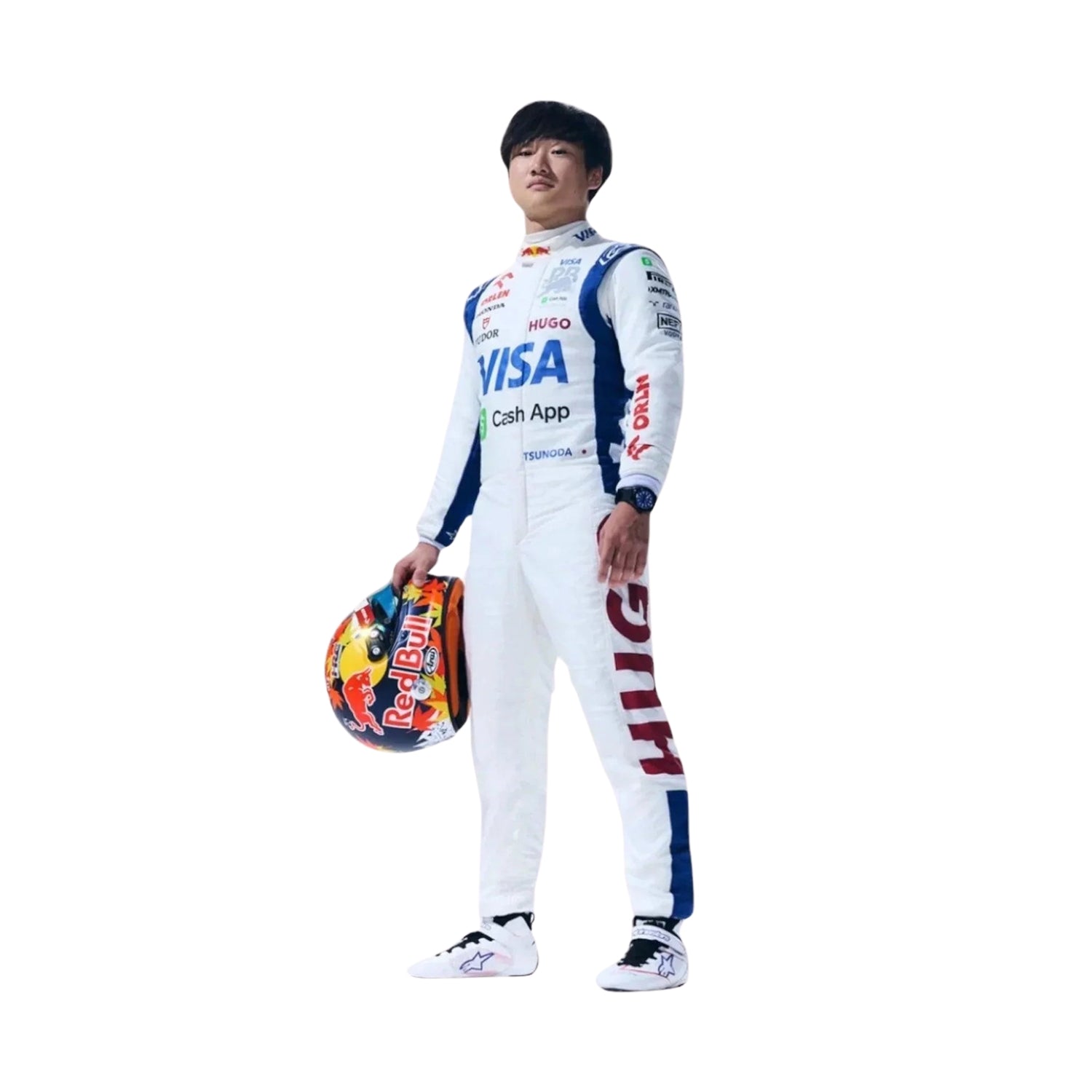 Front view of Yuki Tsunoda's 2024 F1 racing suit in blue and white with green accents, showcasing a modern design with sponsor logos.