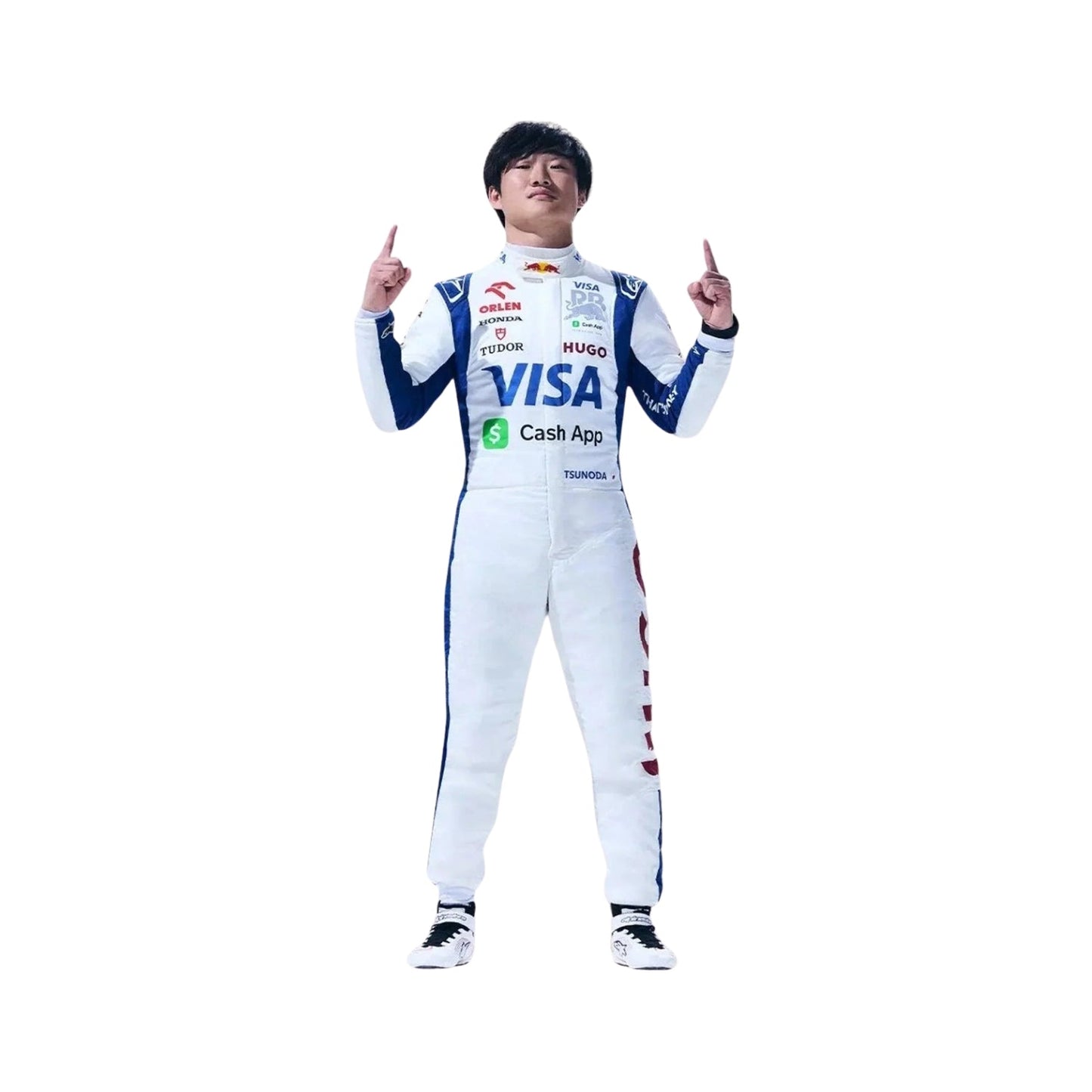 Front view of Yuki Tsunoda's 2024 F1 racing suit in blue and white with green accents, showcasing a modern design with sponsor logos.