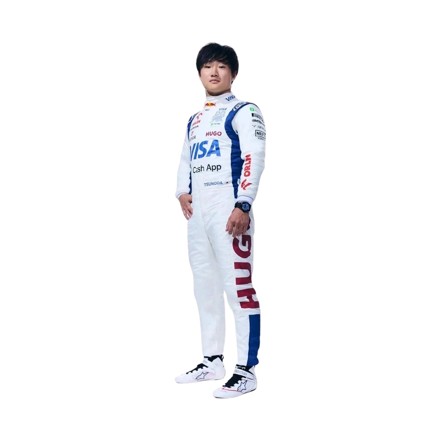 Right Side profile of Yuki Tsunoda's 2024 F1 racing suit, highlighting the blue and white fabric with green stripes along the sides.