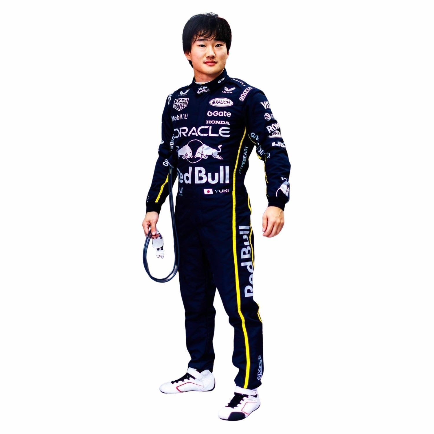 Yuki Tsunoda wearing an F1 racing suit in Las Vegas GP with Red Bull and Oracle branding on a white background