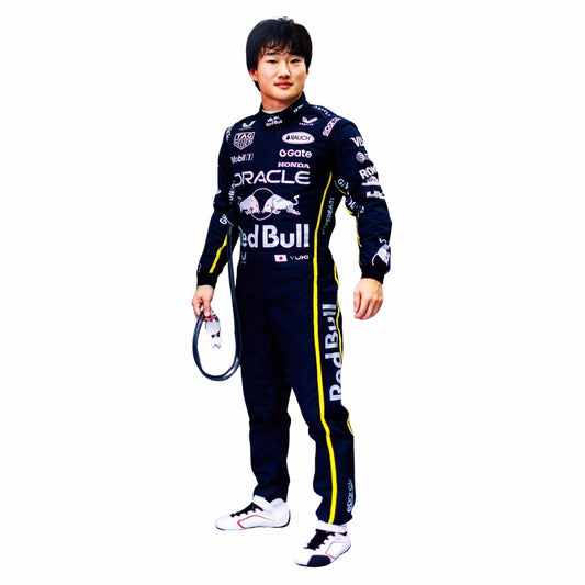 Yuki Tsunoda wearing an F1 racing suit in Las Vegas GP with Red Bull and Oracle branding on a white background