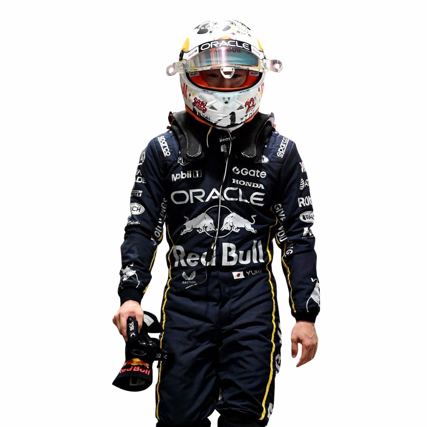 Yuki Tsunoda wearing a Redbull F1 racing suit and helmet in Las Vegas GP with Oracle and Red Bull branding on a white background