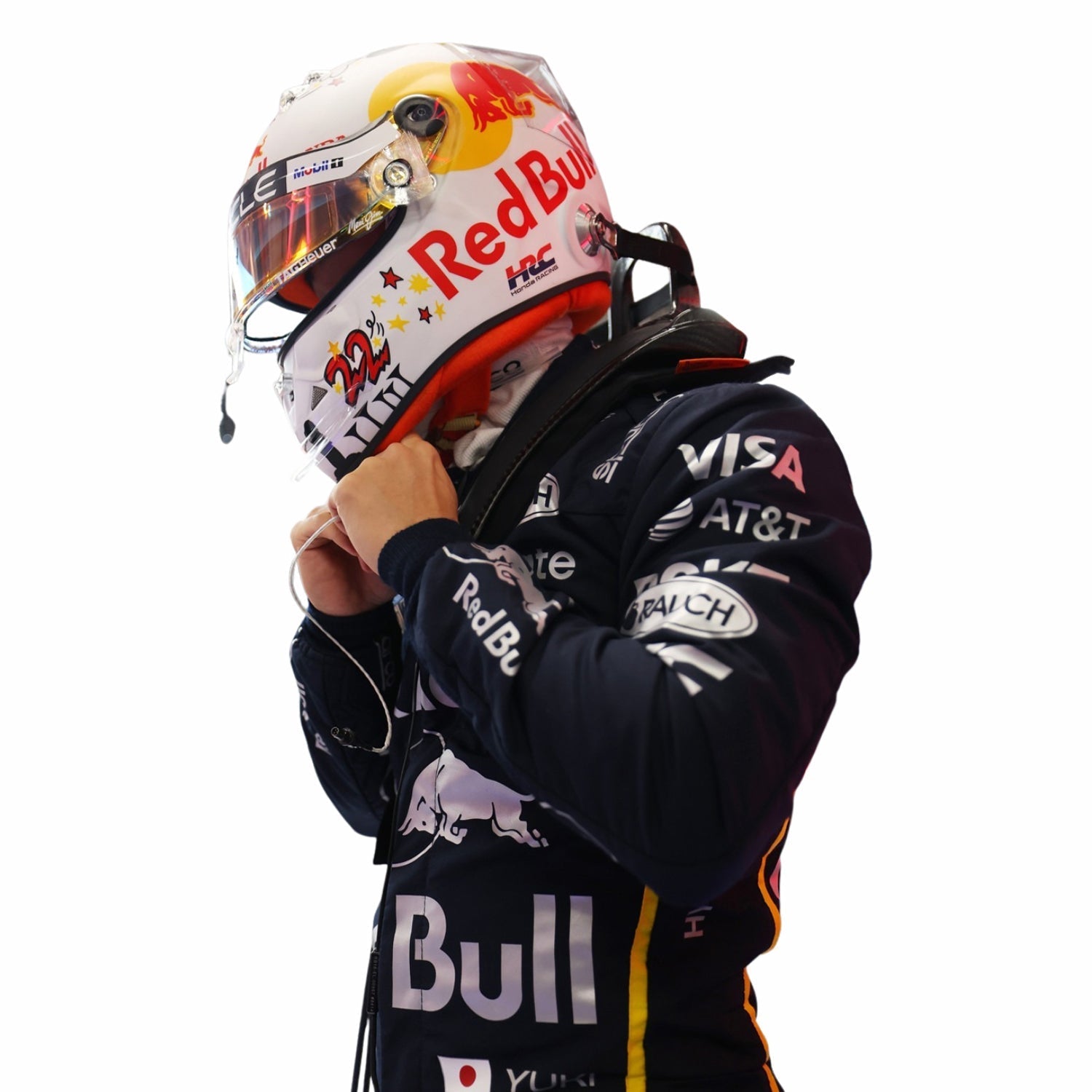 Yuki Tsunoda wearing a Formula 1 Redbull racing suit in Las Vegas GP and helmet with visible branding on a white background