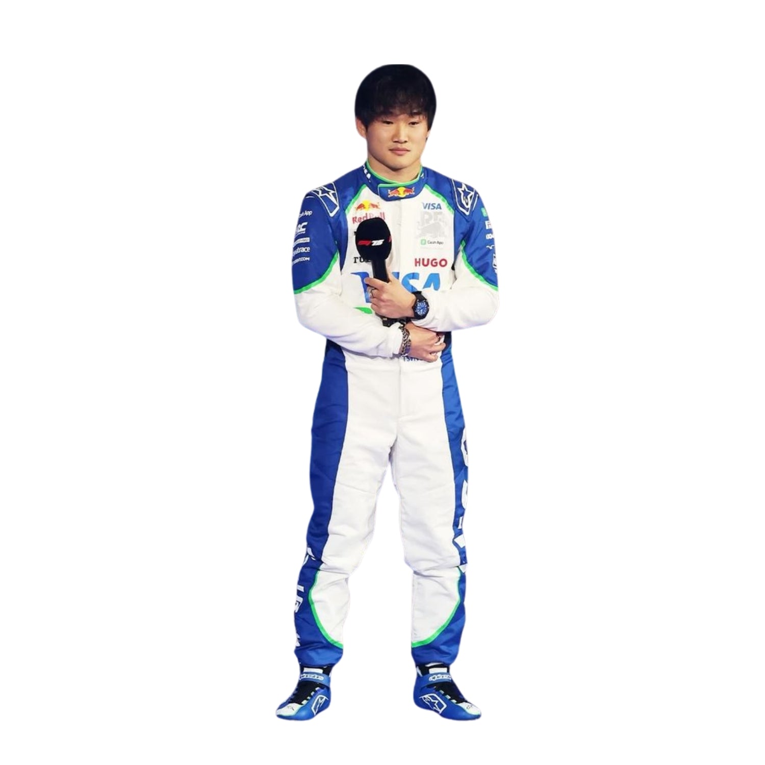 Yuki Tsunoda in his 2025 racing suit, displaying the front with team colors.
