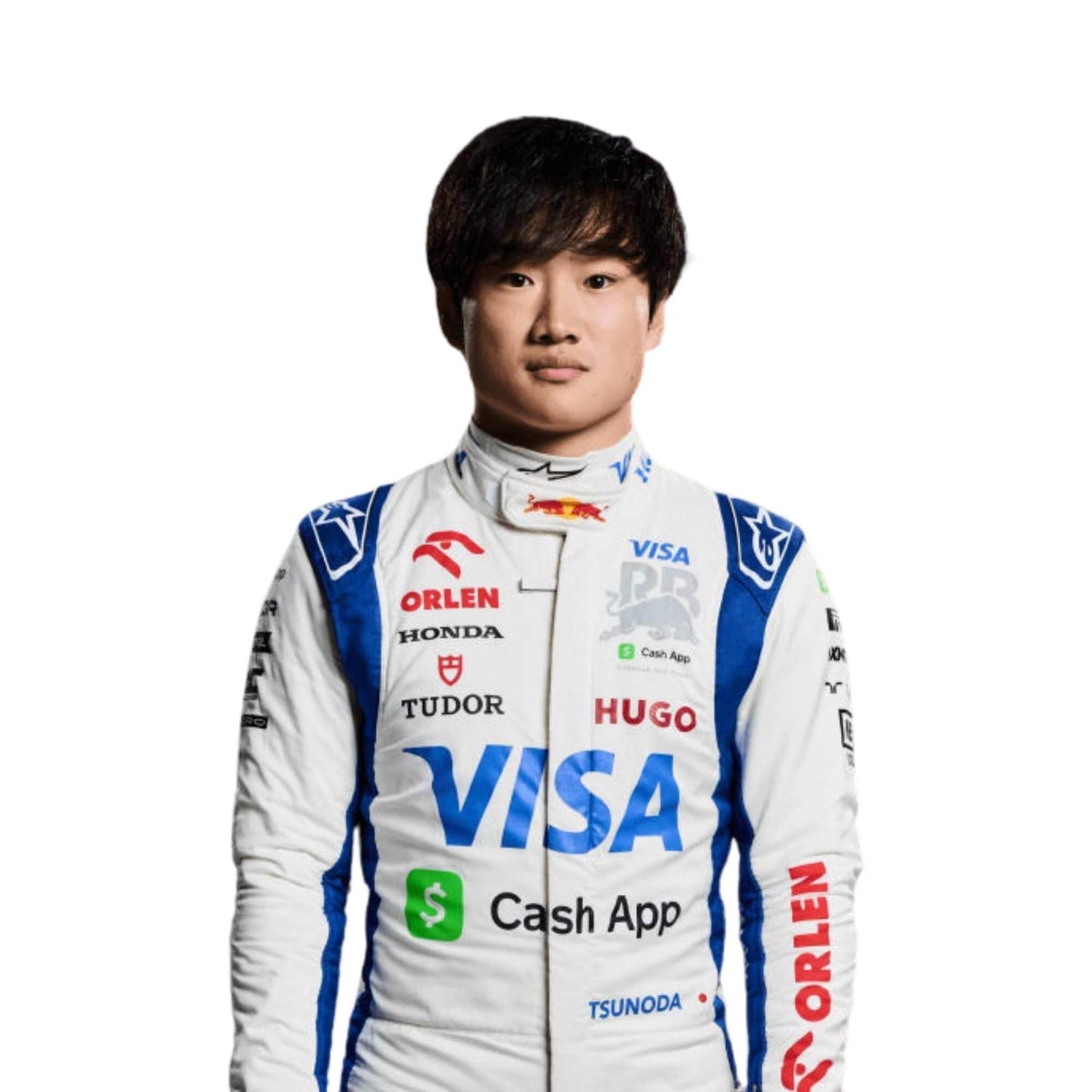 Close-up of Yuki Tsunoda's 2024 F1 race suit, displaying the intricate blue and white material with green stitching and sponsor logos.