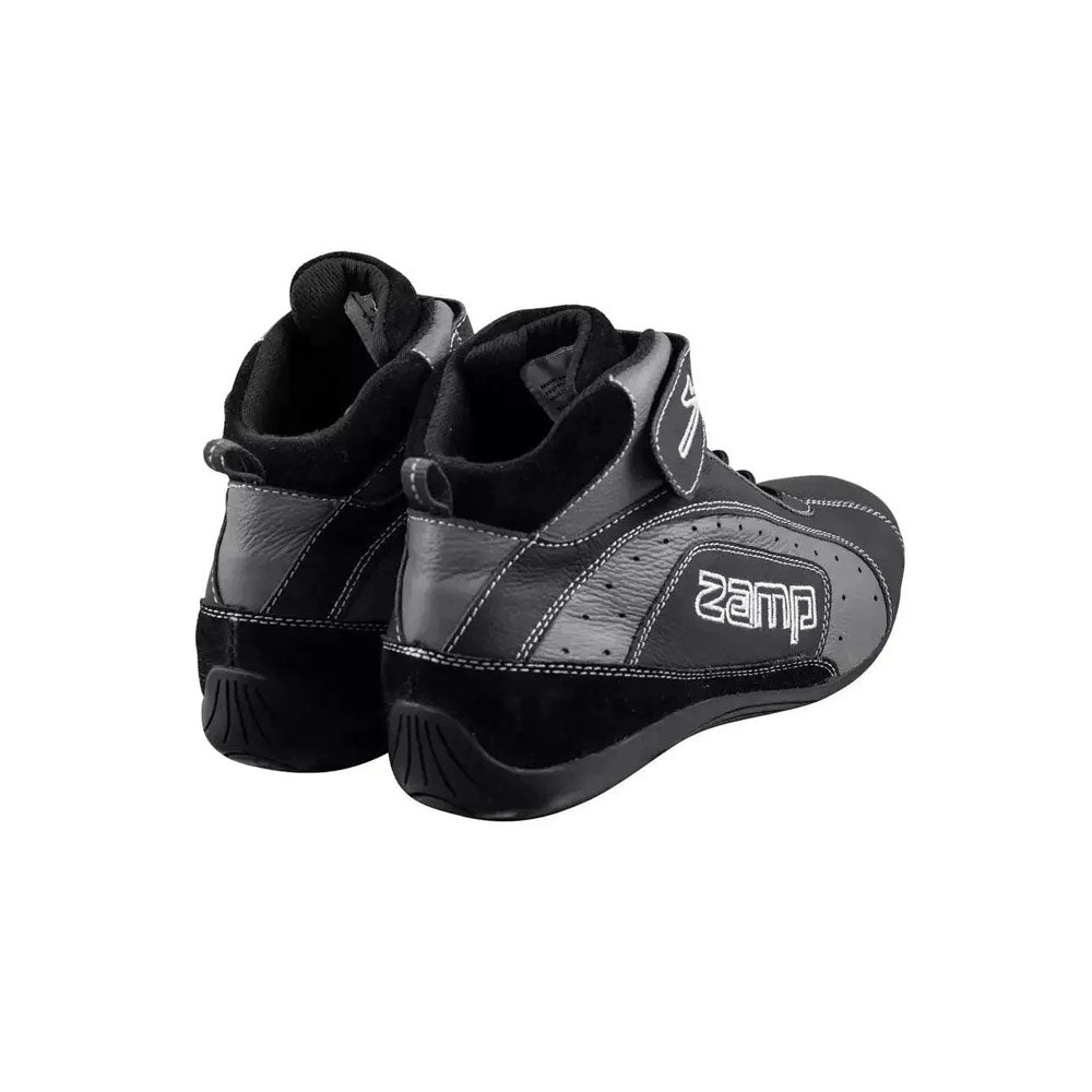 Black and gray ZR-20 Kart Racing shoes with 'Zamp' branding on a white background