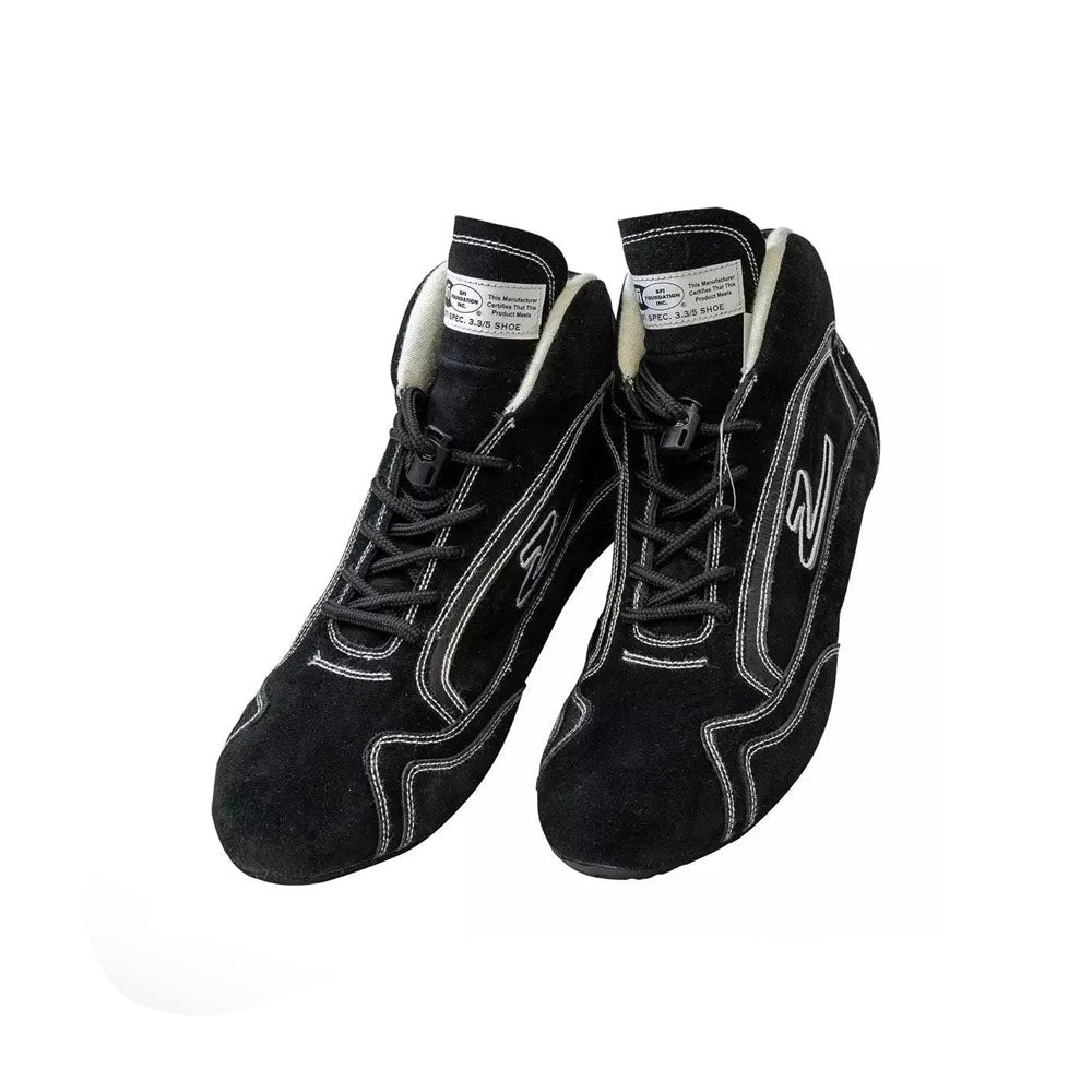 Pair of black ZR-30 Kart Racing shoes with white stitching on a white background