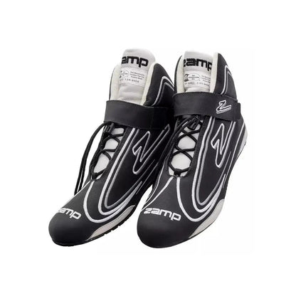 Black and white ZR-50 Kart Racing shoes with 'Zamp' branding on a white background