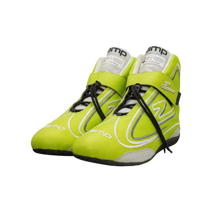 Pair of bright green ZR-50 Kart Racing shoes with black laces on a white background