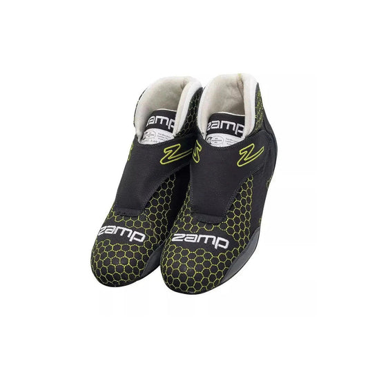 Pair of black and green zamp ZR-60 Kart Racing shoes on a white background
