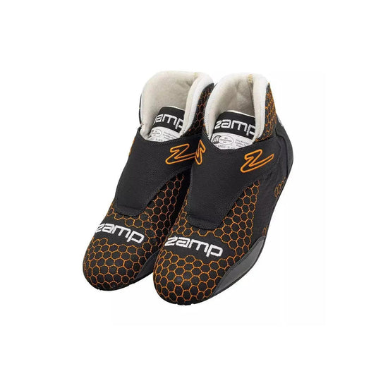 Pair of black and orange Zamp ZR-60 Kart Racing shoes on a white background