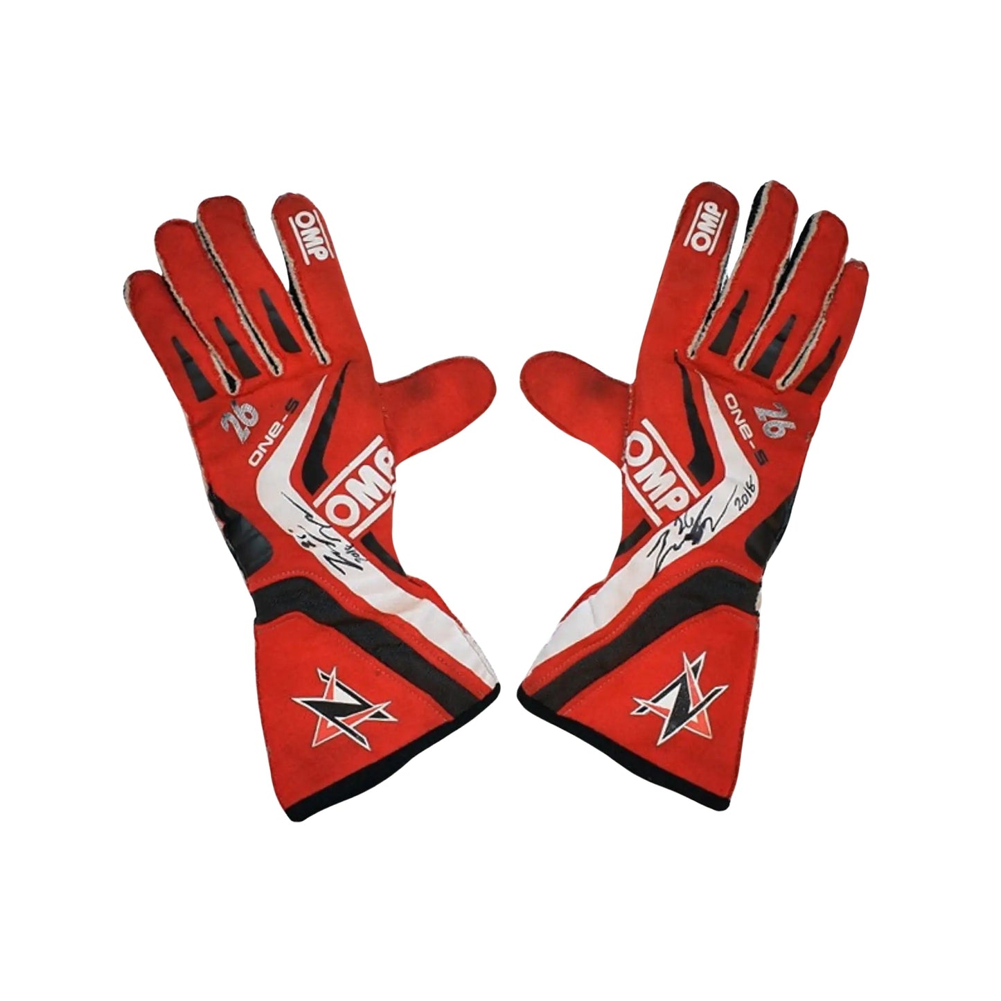 Red Zach Veach 2018 Racing racing gloves with black and white accents on a white background