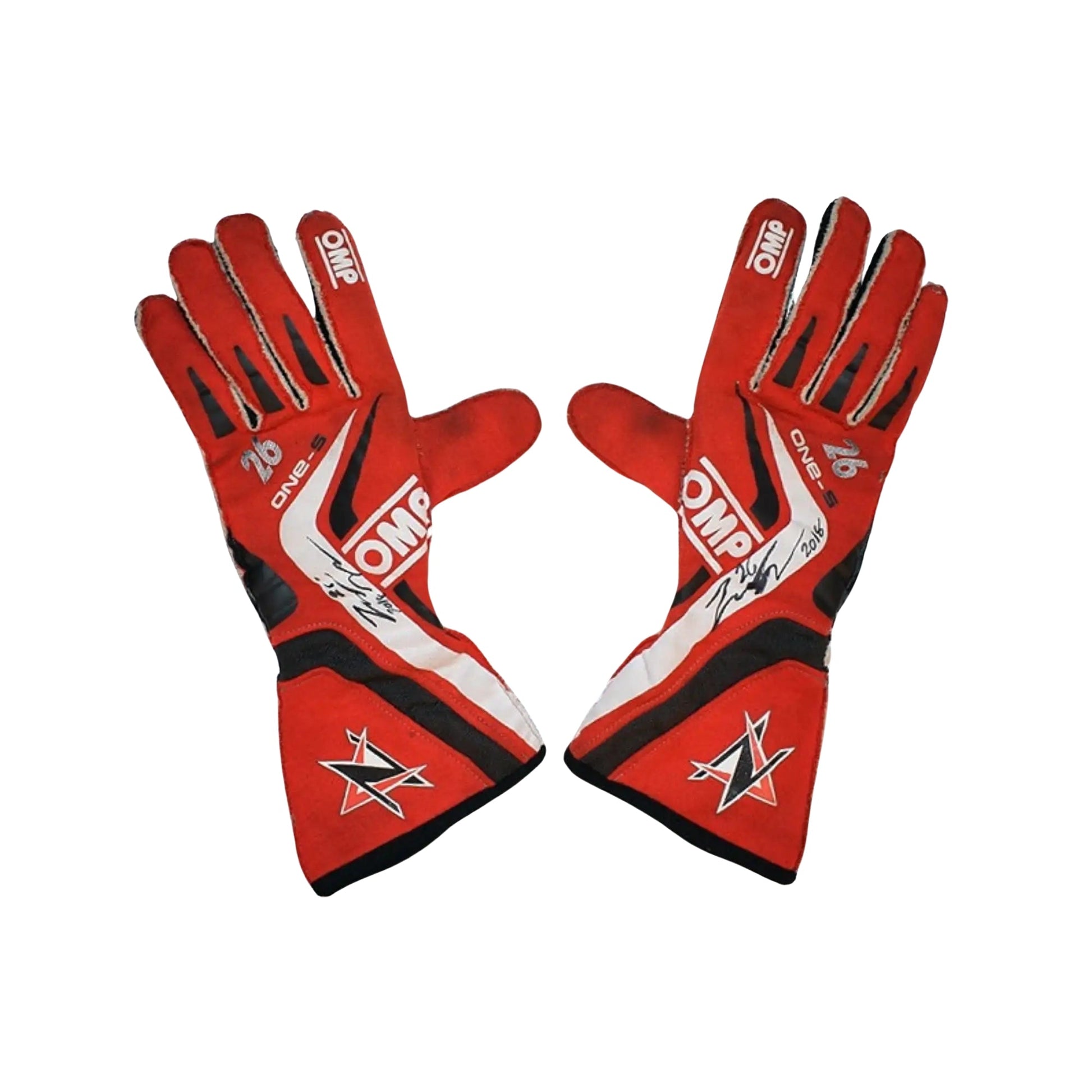 Red Zach Veach 2018 Racing racing gloves with black and white accents on a white background