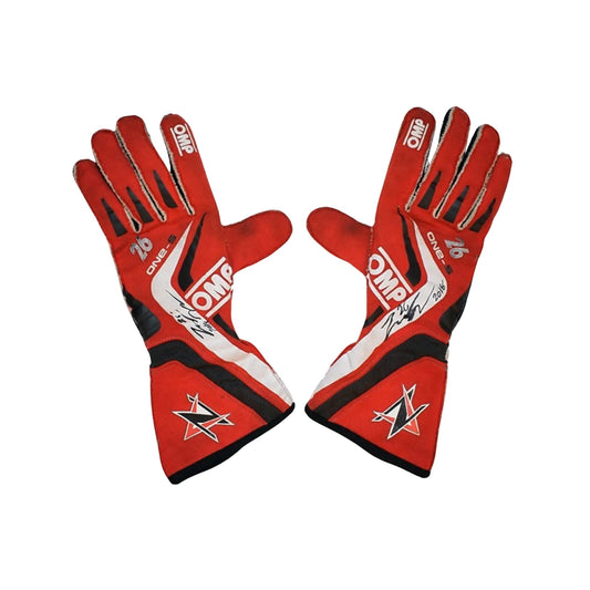 Red Zach Veach 2018 Racing racing gloves with black and white accents on a white background