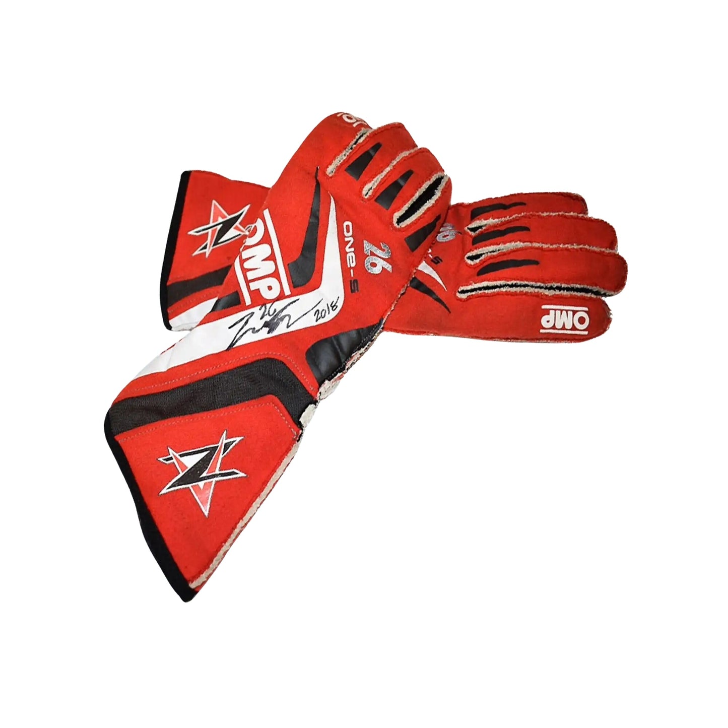 Red and black Zach Veach 2018 Racing gloves with visible branding on a white background