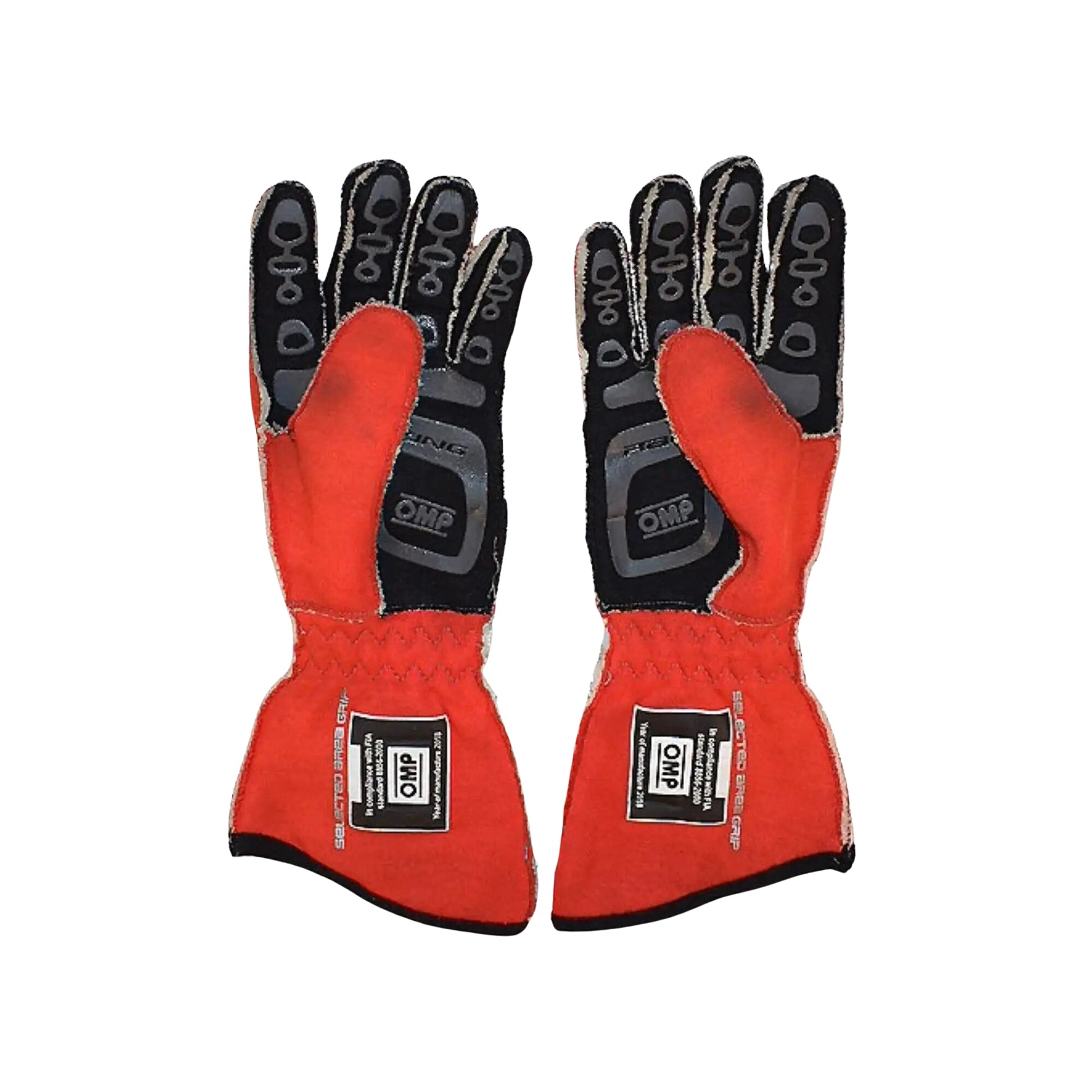 Pair of red Zach Veach 2018 Racing gloves with black accents on a white background