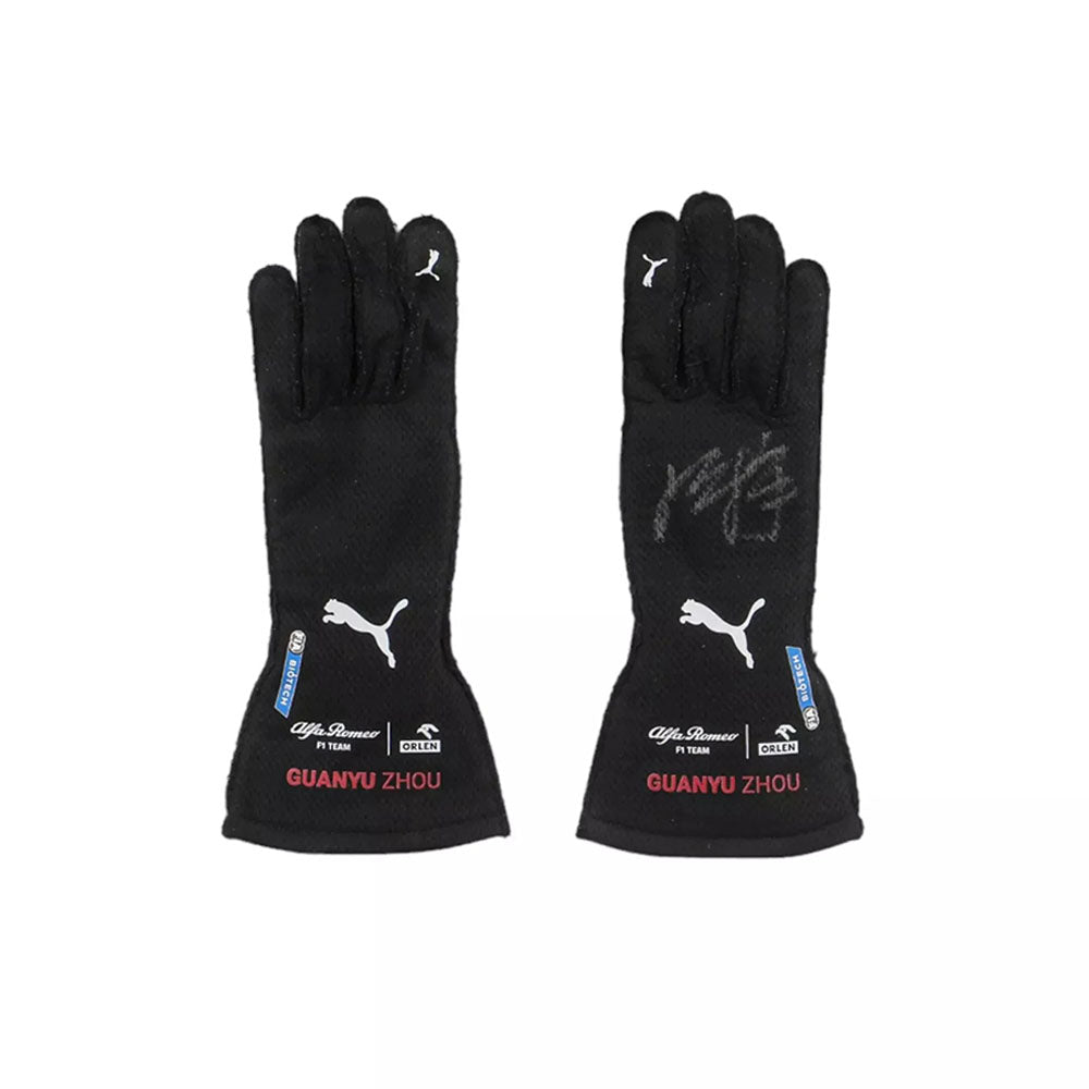 Pair of black Zhou Guanyu 2022 Singapore GP F1 Racing gloves with branding and text on a white background