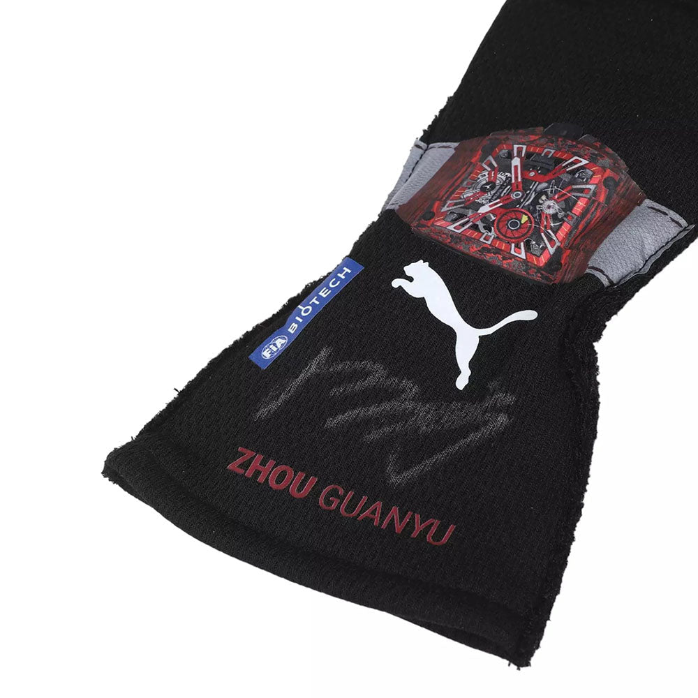 Black Zhou Guanyu 2022 Singapore GP F1 Racing Gloves with red text and Puma logo on a white background
