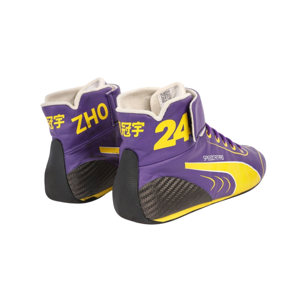 Purple and yellow high-top Zhou Guanyu 2023 Mexico City GP F1 Racing sneakers with 'ZHO' branding on a white background
