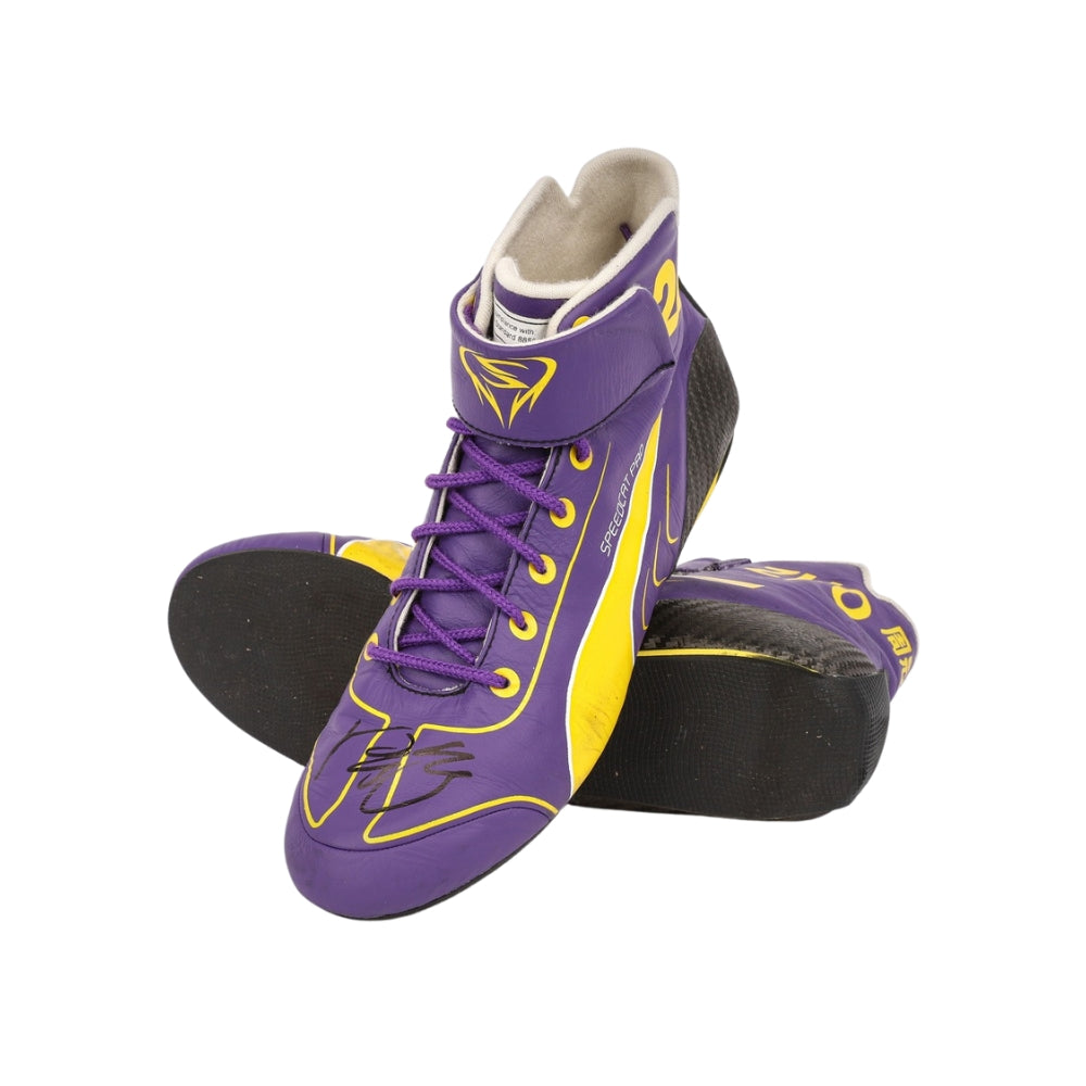 Purple and yellow high-top Zhou Guanyu 2023 Mexico City GP F1 Racing shoes on a white background