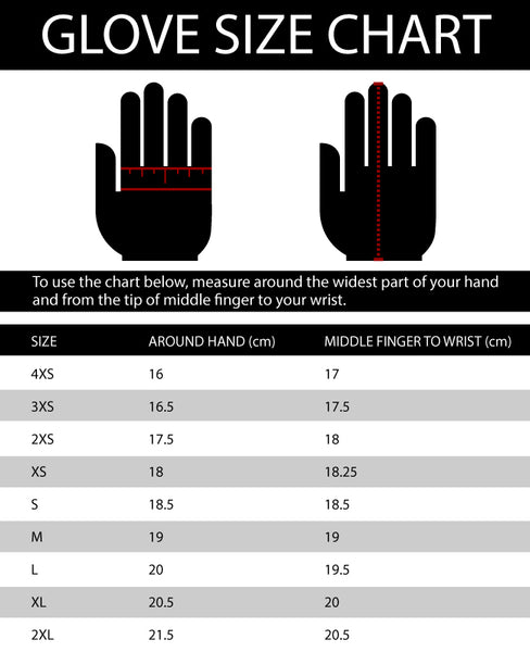 Arix Racewear Glove size chart with hand illustrations and measurement details.