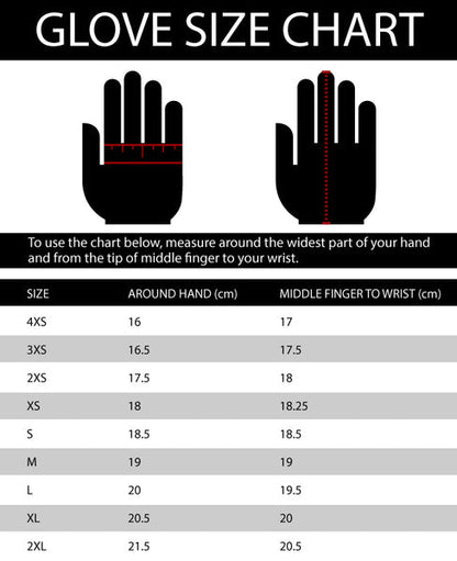 Arix Racewear Glove size chart with hand illustrations and measurement details.