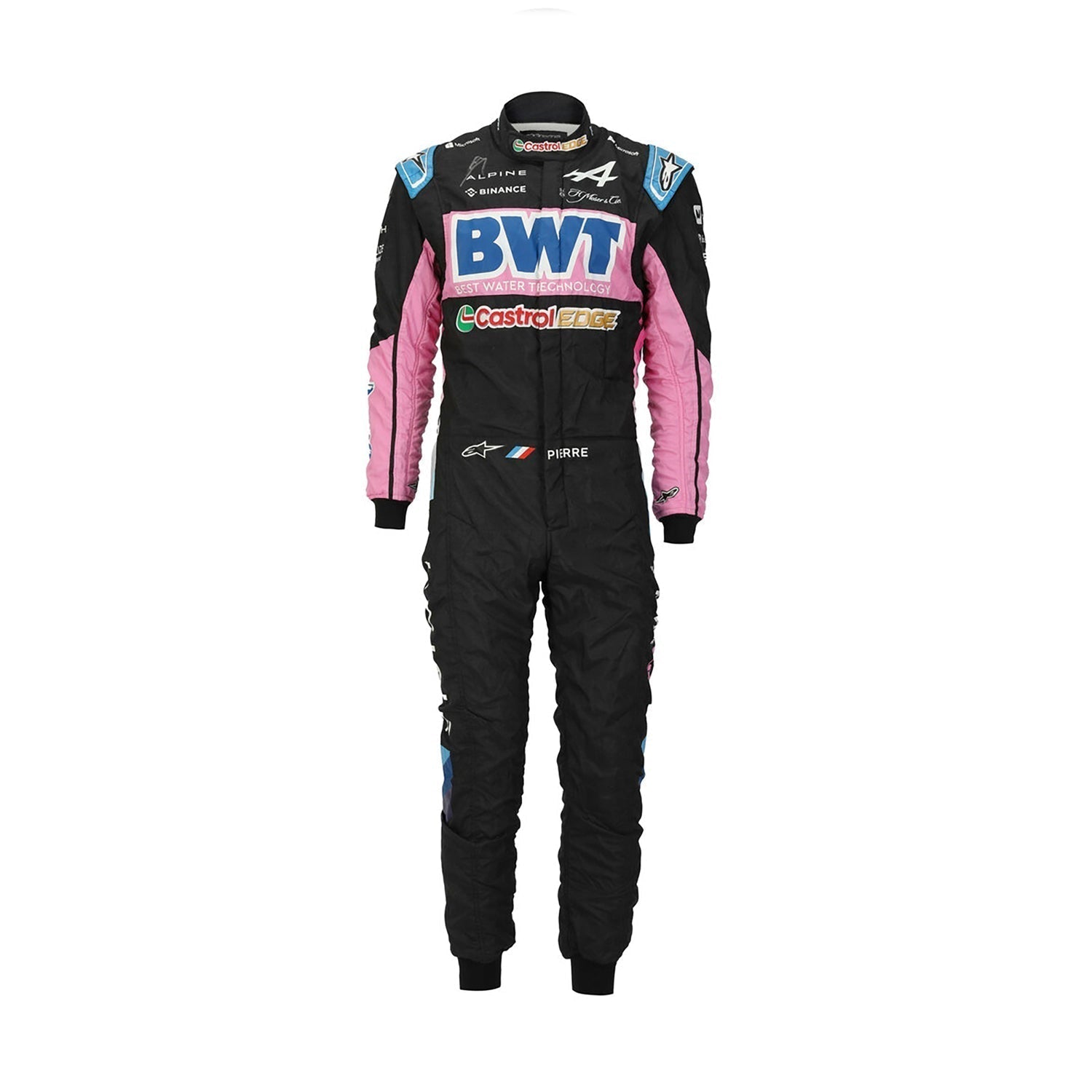 Front view of Pierre Gasly's 2024 racing suit in black with pink and blue accents, showcasing a modern design with sponsor logos.