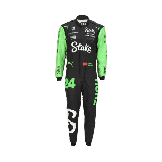 Front view of Zhou Guanyu's 2024 Kick Sauber F1 racing suit in black with neon green sleeves and accents, showcasing a modern design.
