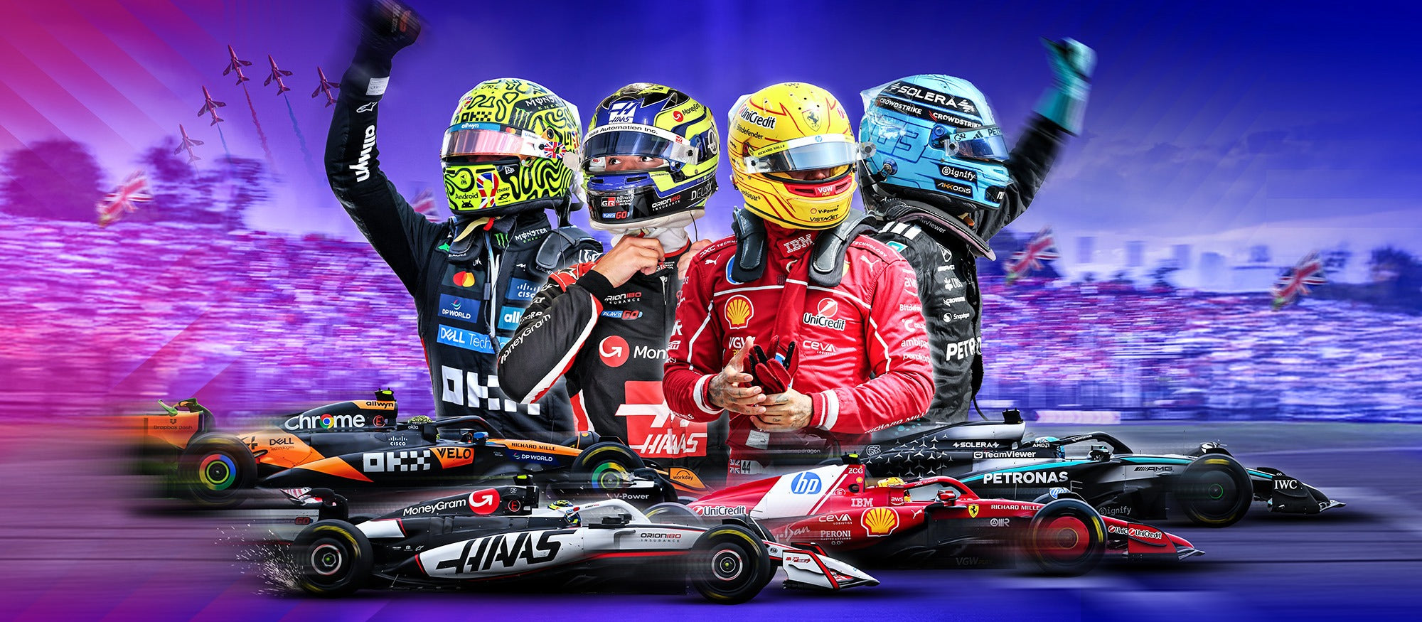 Four Formula 1 drivers with their cars on a colorful background