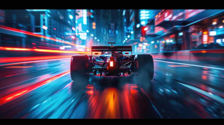 Futuristic racing car speeding through a neon cityscape